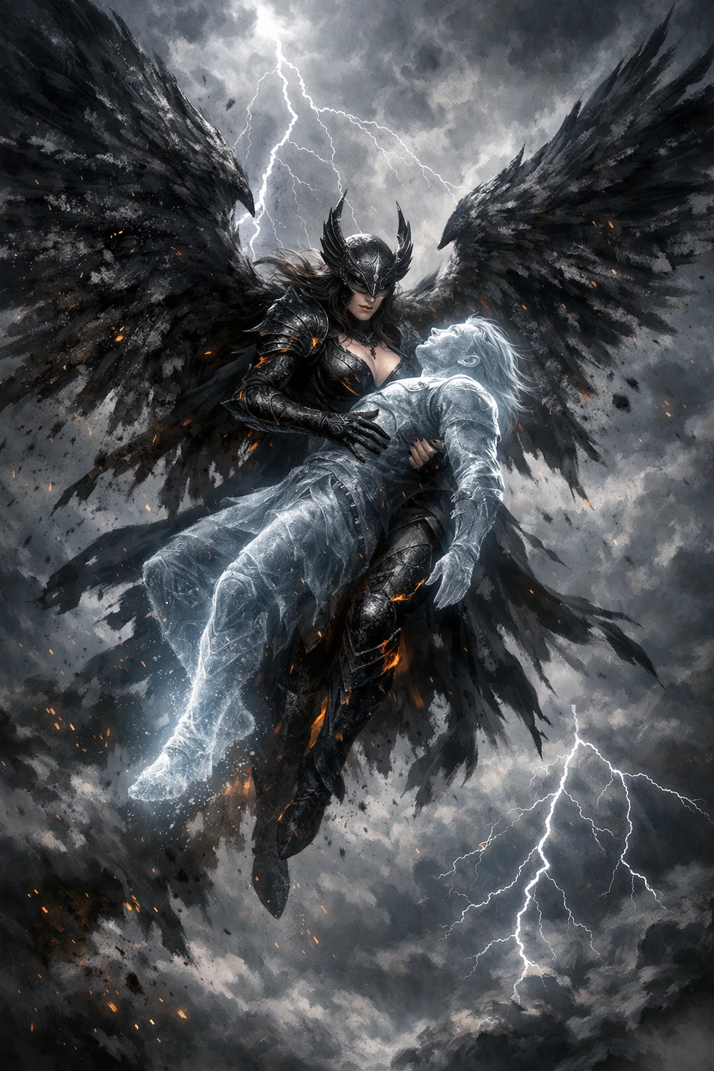 Dark valkyrie descending through storm clouds with lightning