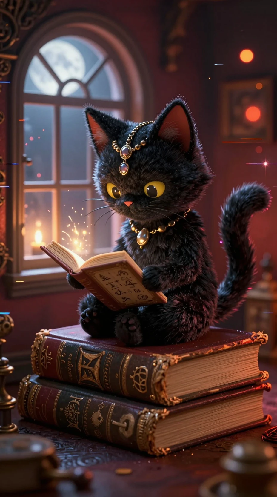 Gatita hada negra chibi leyendo sobre antiguos libros apilados