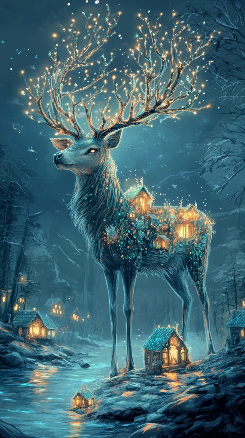 Surreal stag of coral antlers standing by the shoreline