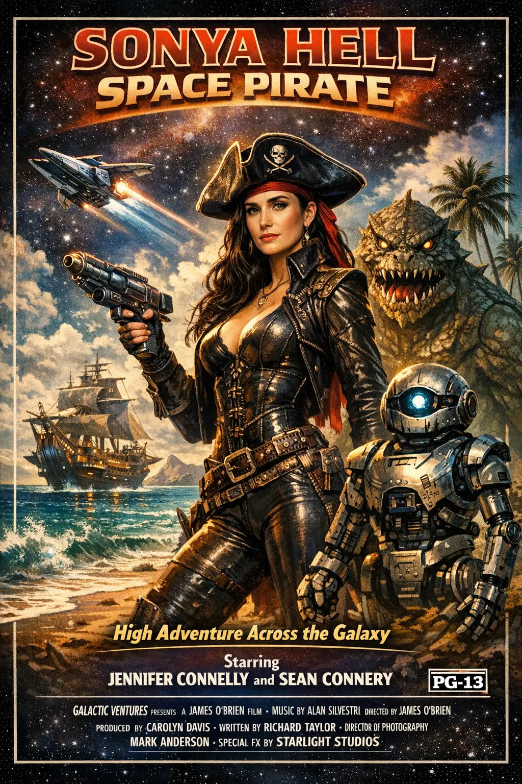 Femme pirate de science‑fiction sur plage alien – affiche de film