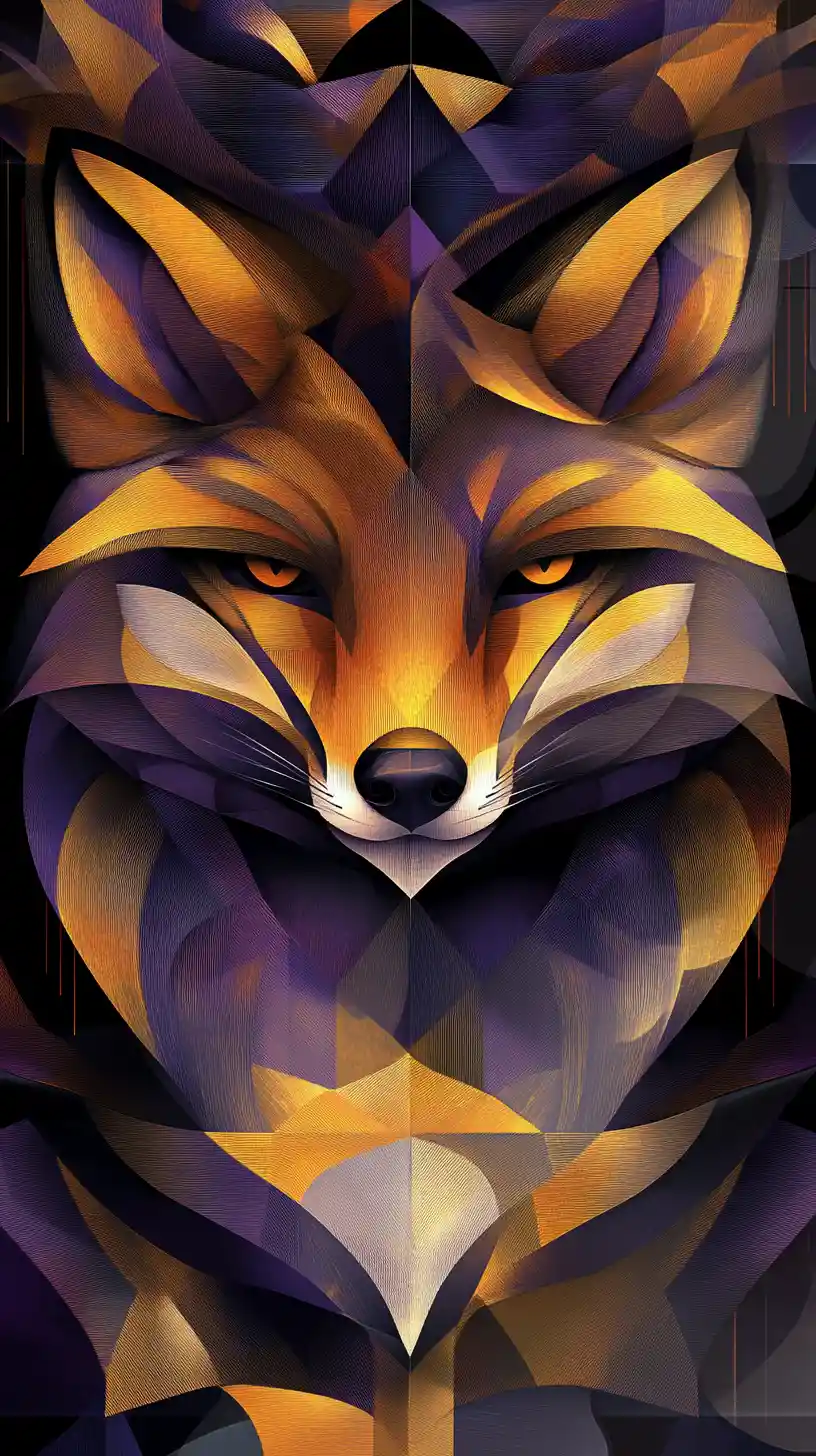 Surreal Fox Portrait In Layered Abstract Golden Violet Forms