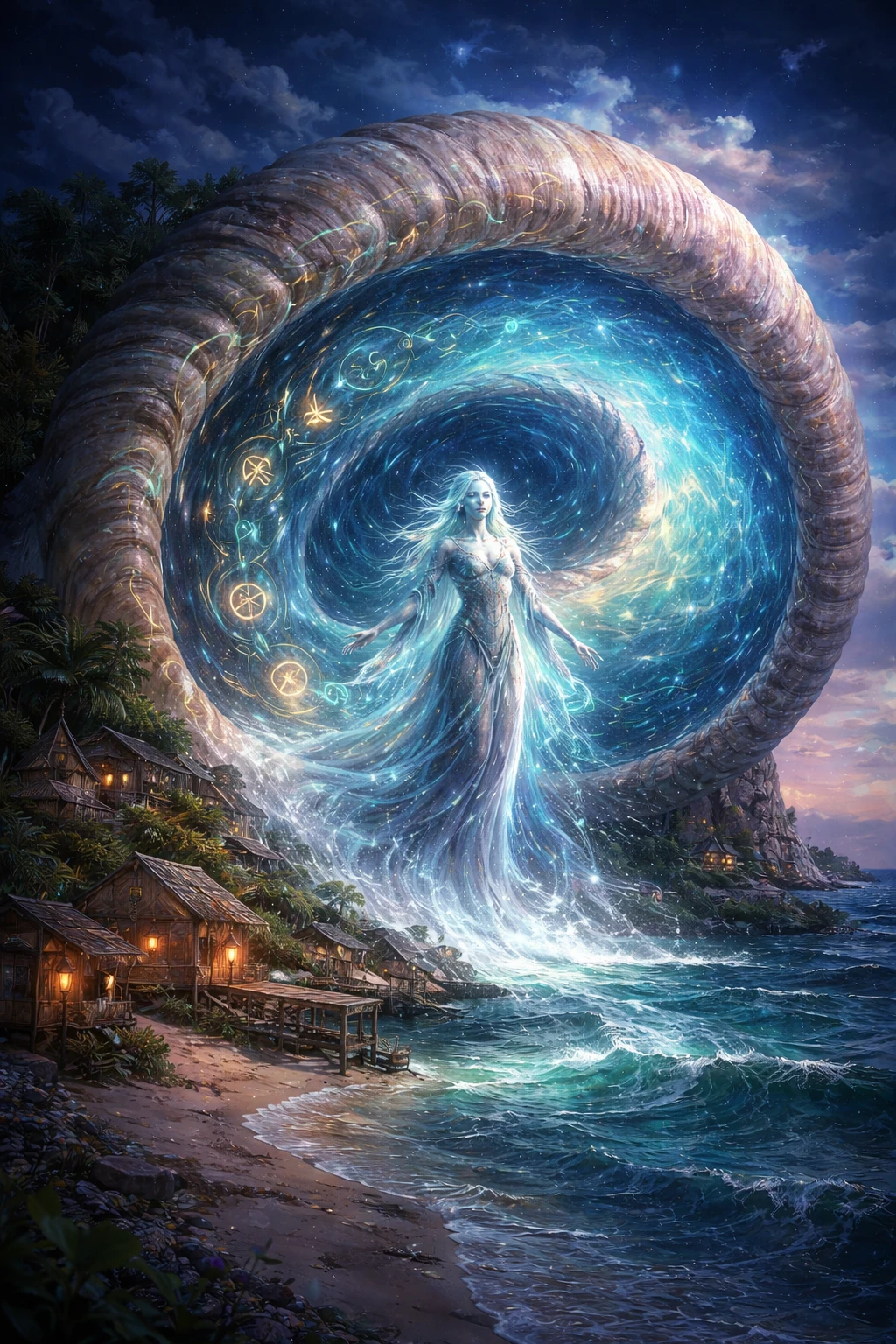 Mystical humanoid rising from giant shell in coastal village