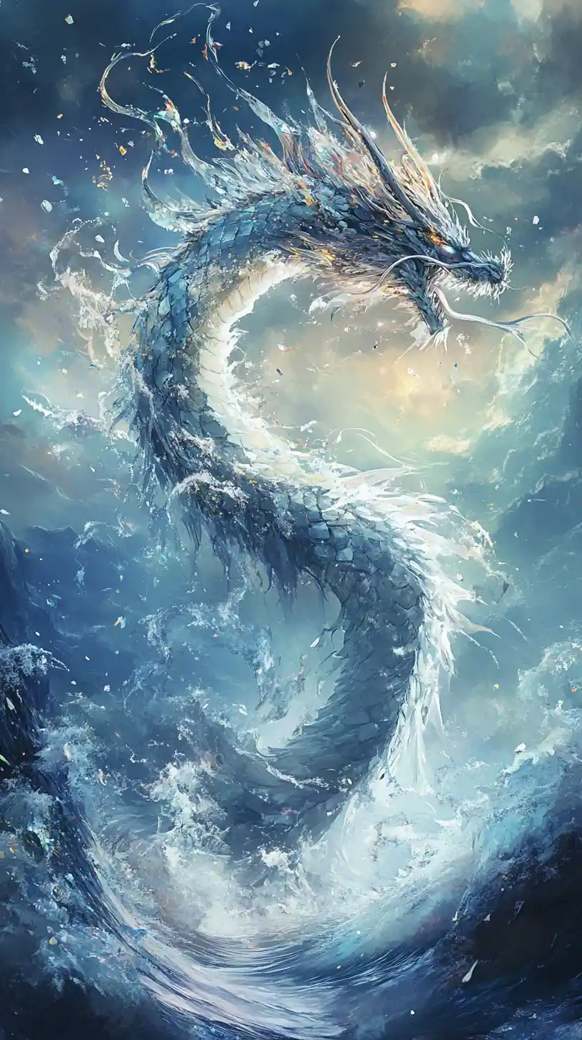 Surreal dragon of light twisting through sky and sea