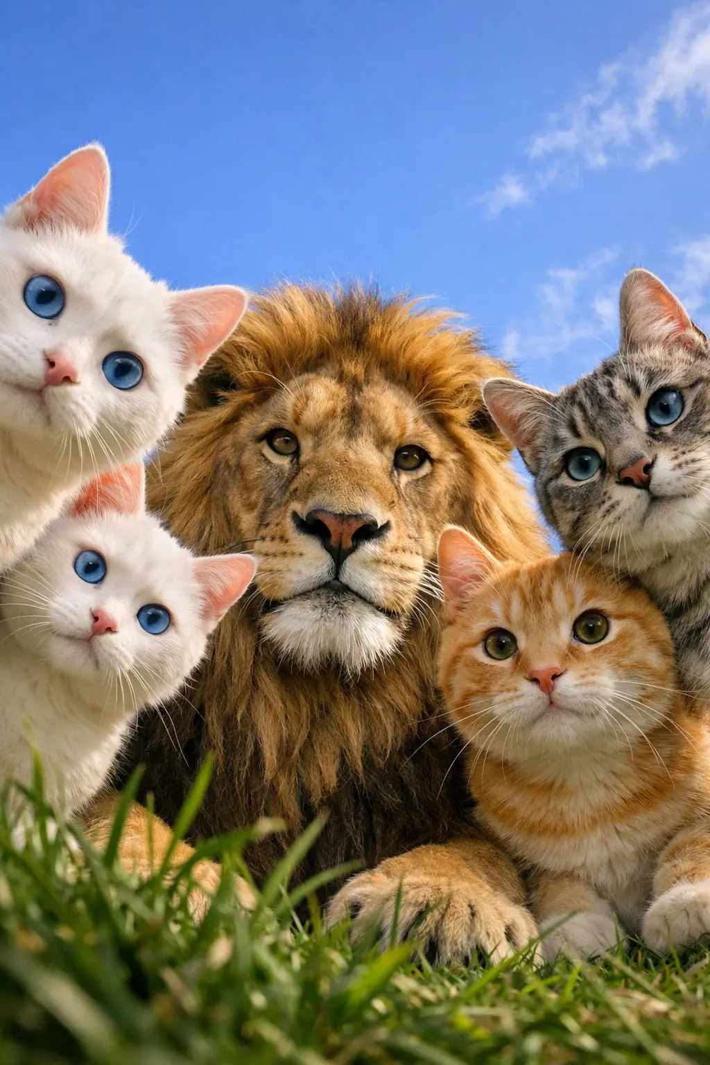 Five curious cats and a lion against a sunny blue sky