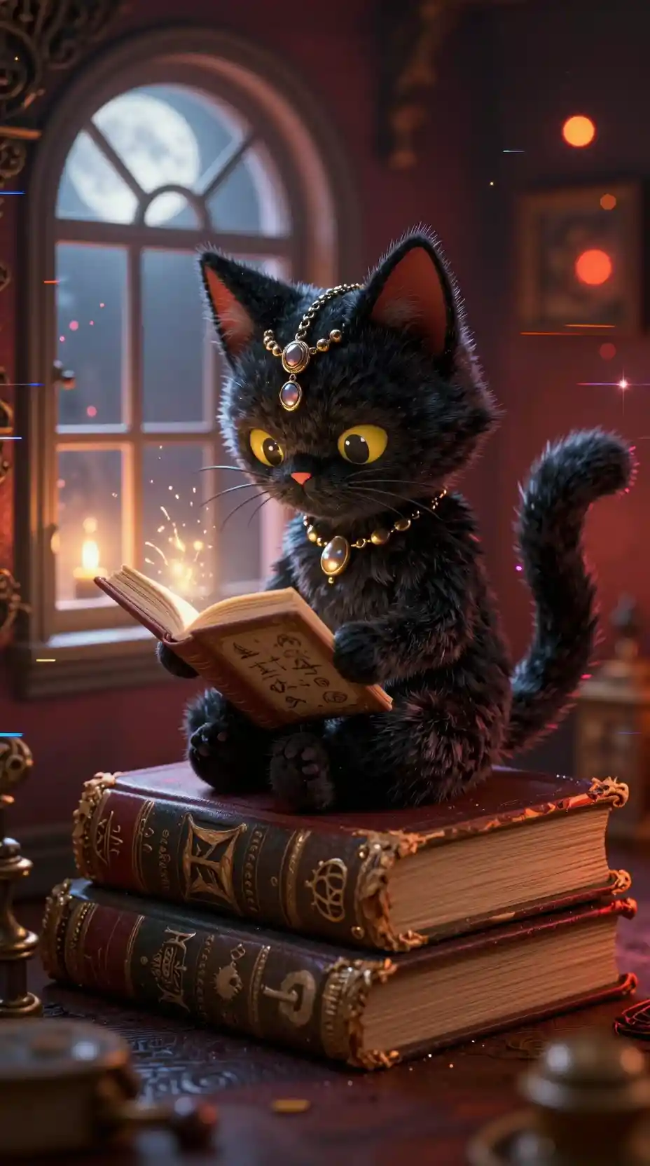 Gatita hada negra chibi leyendo sobre antiguos libros apilados