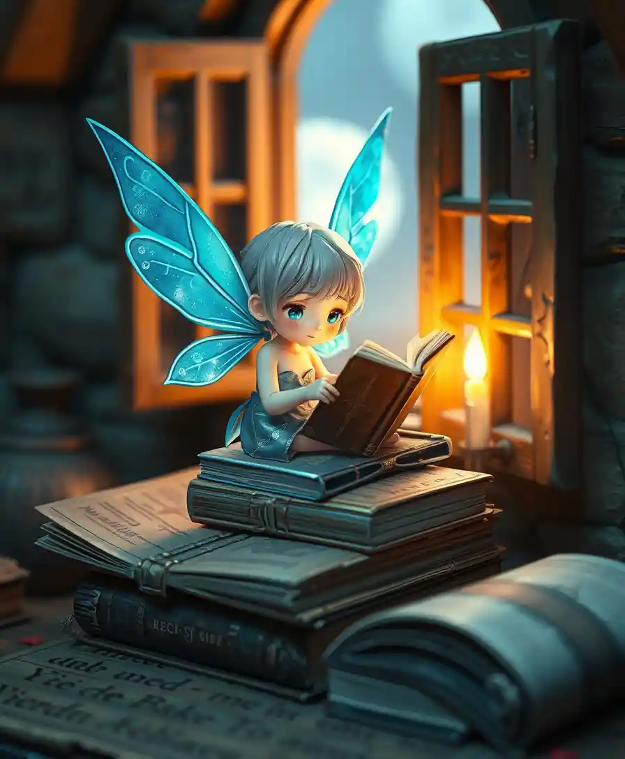 Chibi pixie girl reading on a stack of old books