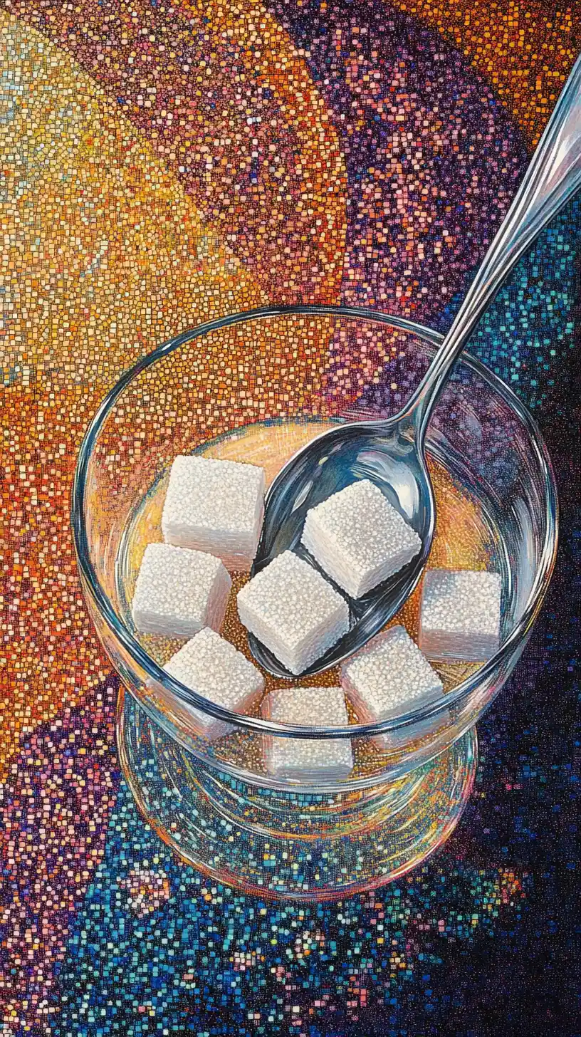 Pointillist sugar cubes dissolving in a glass of liquid