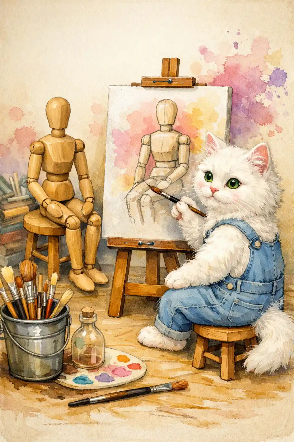 Gattina artista bianca che dipinge un manichino di legno