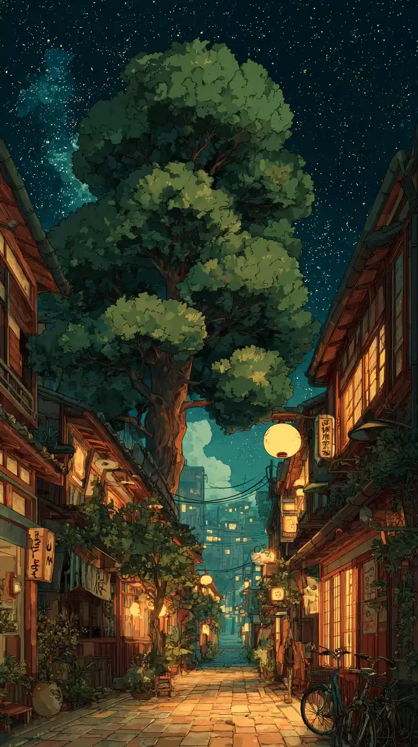 Narrow Japanese street at dusk with glowing lamps and tree