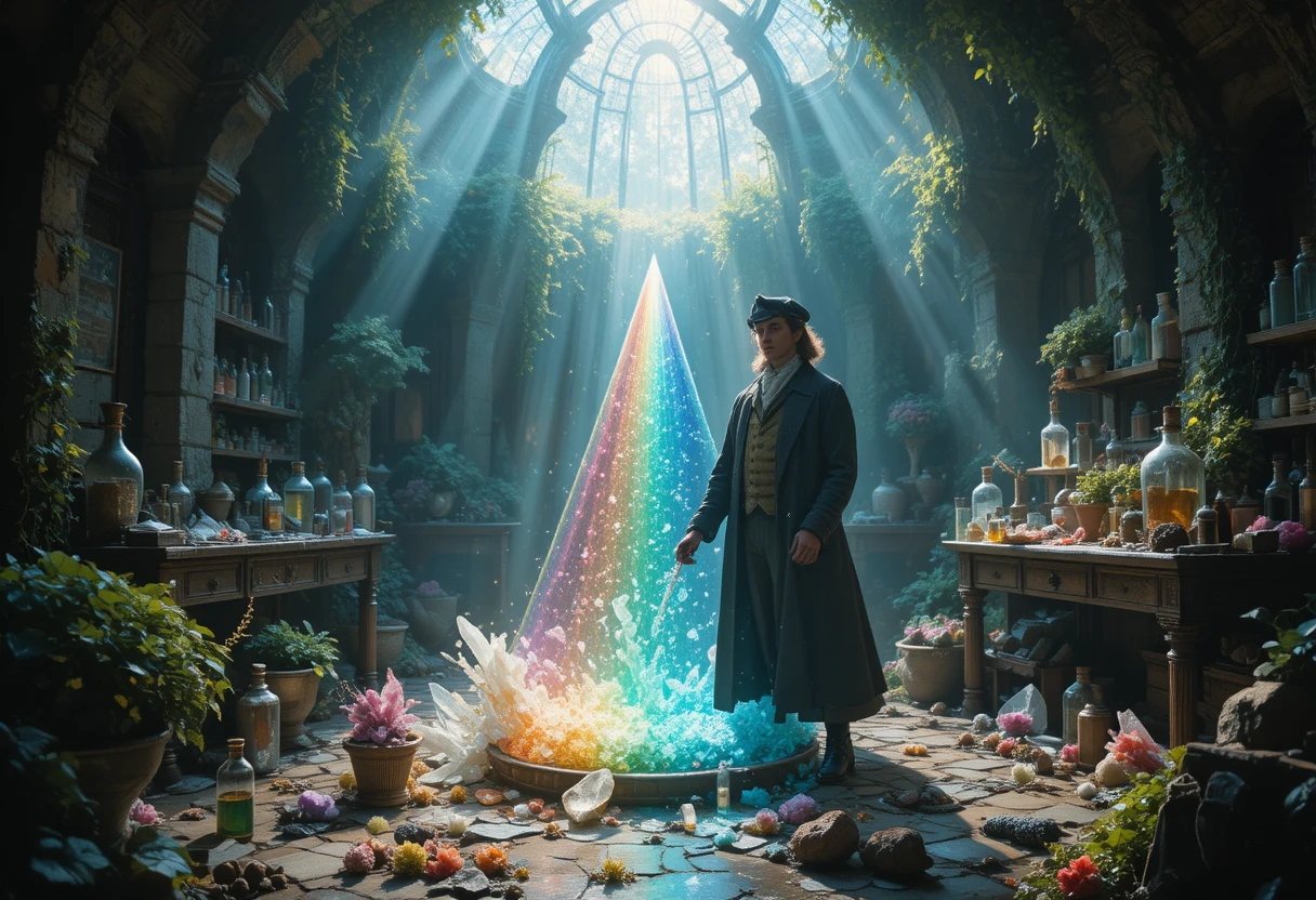 Alchemist des achtzehnten Jahrhunderts in einem mystischen Kristalllabor