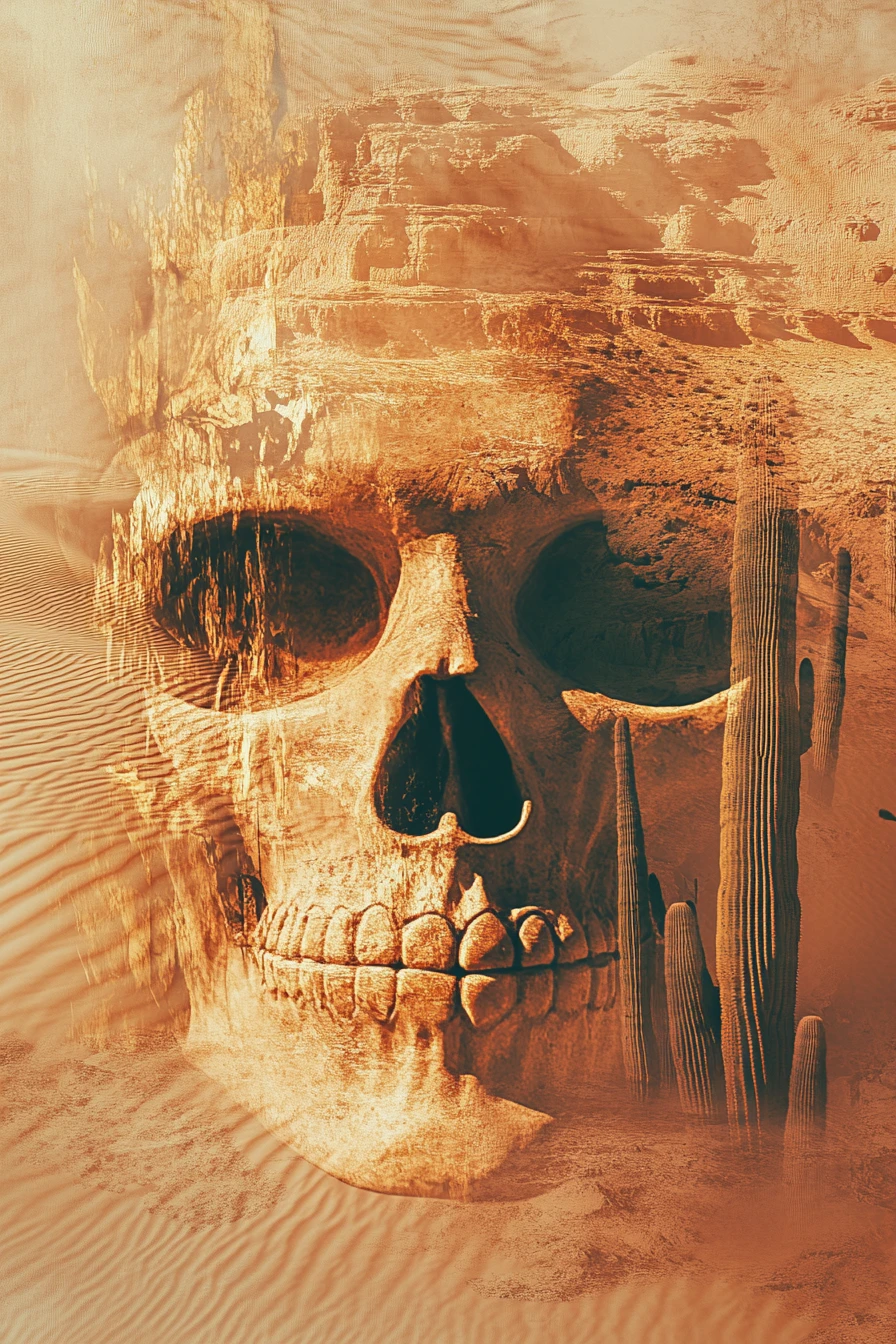 Desert sand dunes forming a surreal skull shaped illusion
