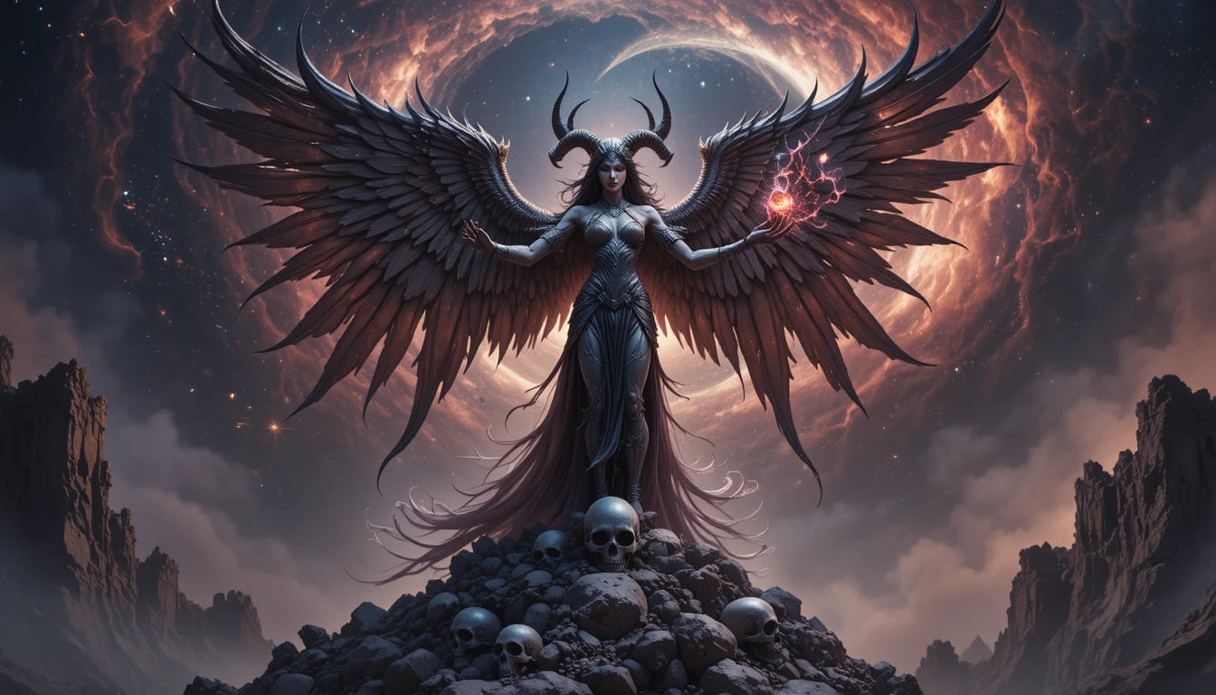 Winged horned goddess atop skull strewn crystalline mountain