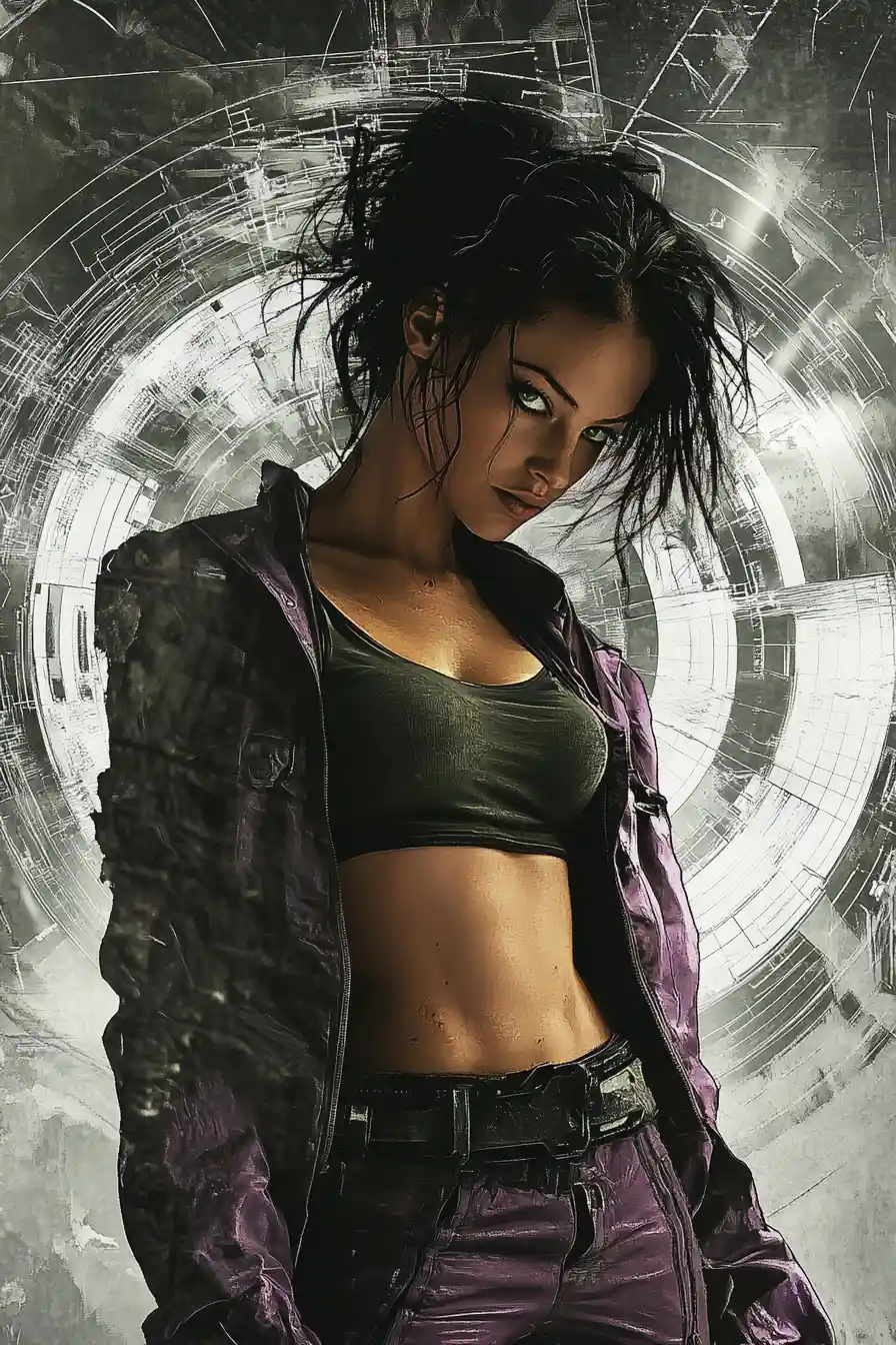 Melancholic woman in front of futuristic digital interface