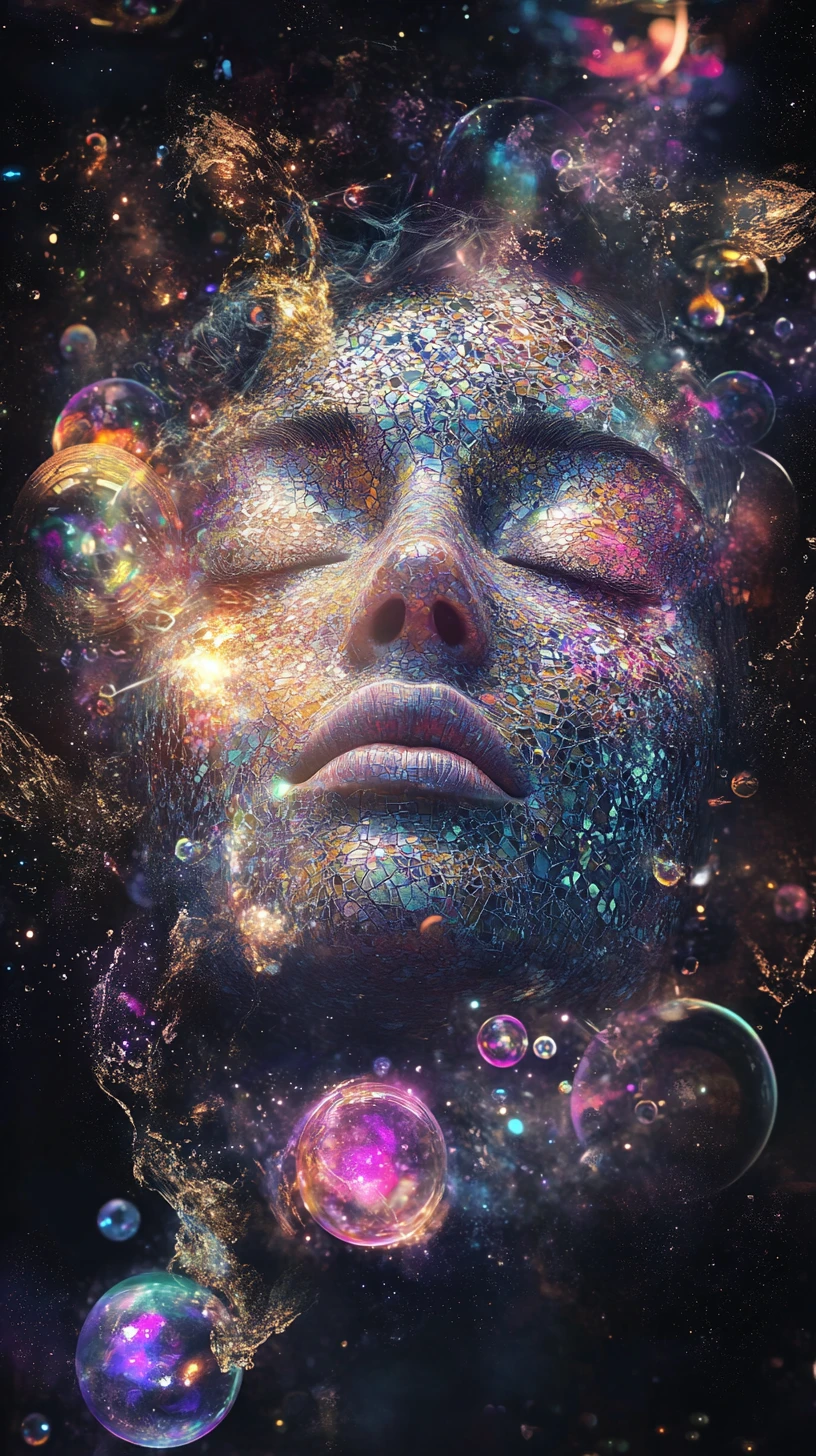 Surreal cosmic portrait of a serene feminine face in darkness
