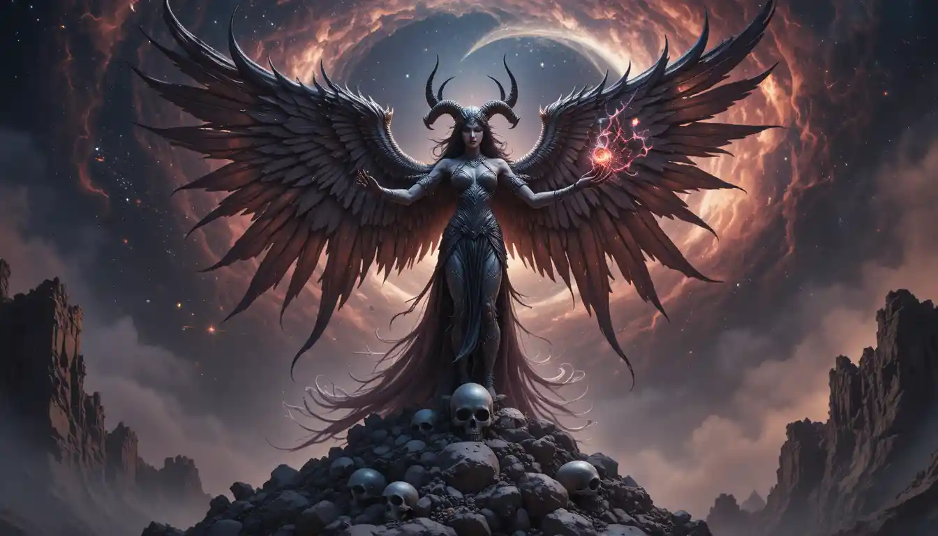 Winged horned goddess atop skull strewn crystalline mountain