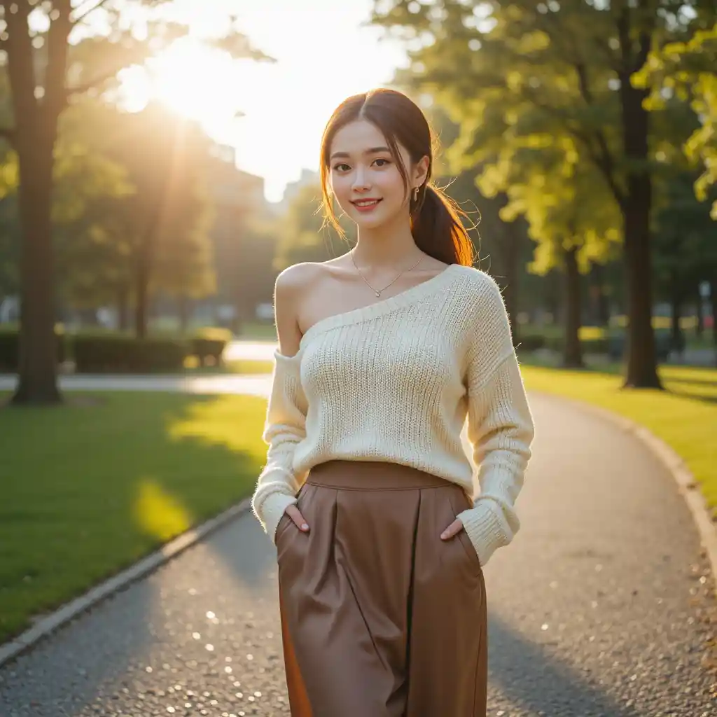 Playful young woman in knit sweater walking through park