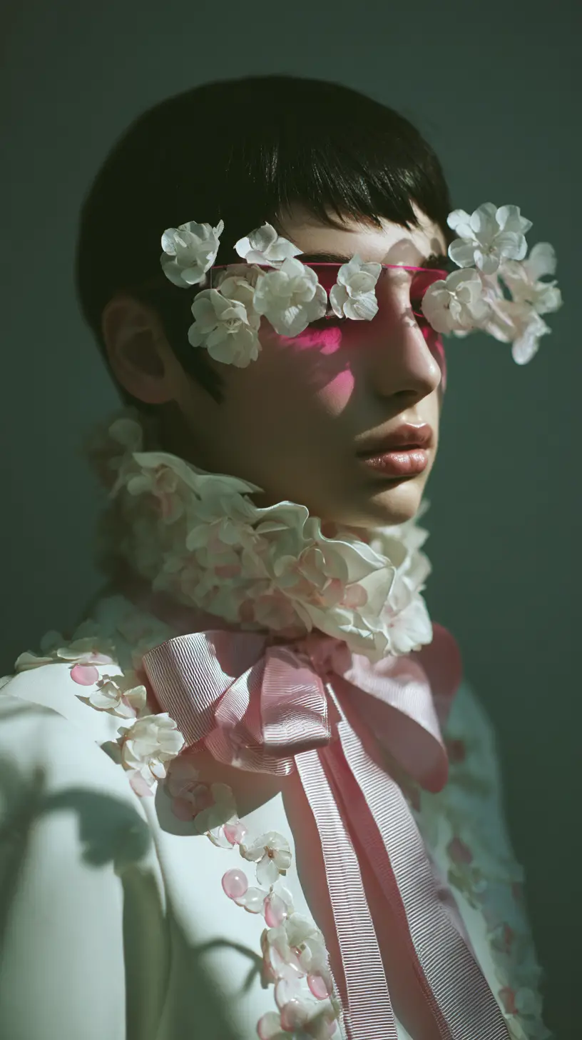 Androgynous fashion portrait with floral covered face
