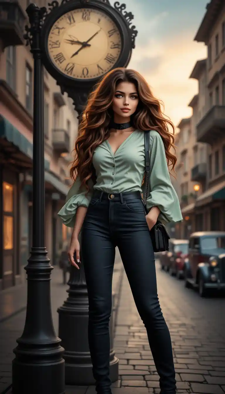 Stylish Italian woman by an old street clock downtown