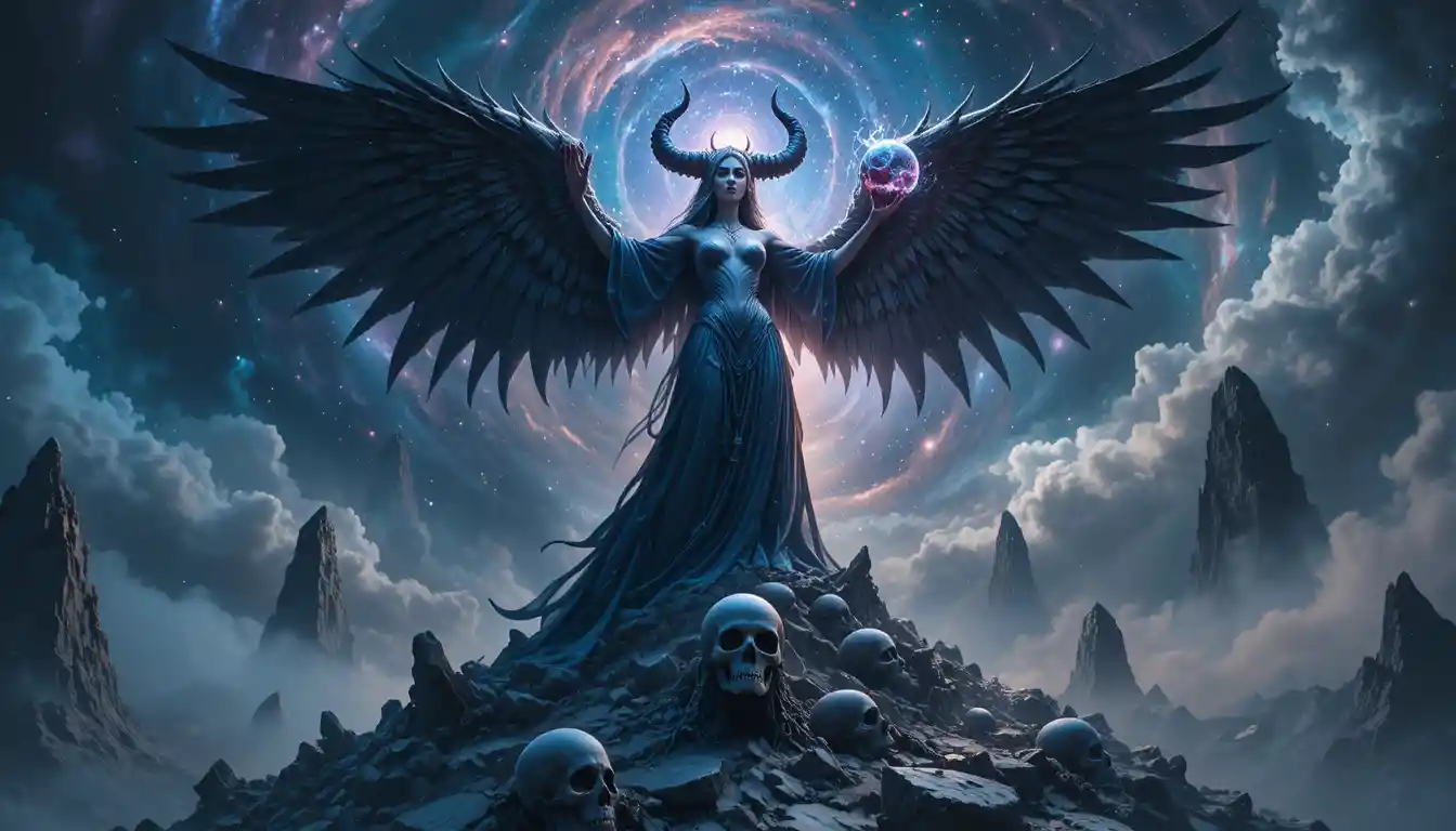 Winged goddess on a crystalline mountain above a swirling nebula