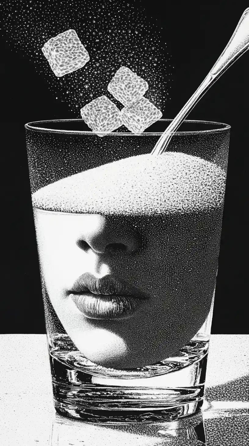 Woman gazing through a glass of sugar cubes