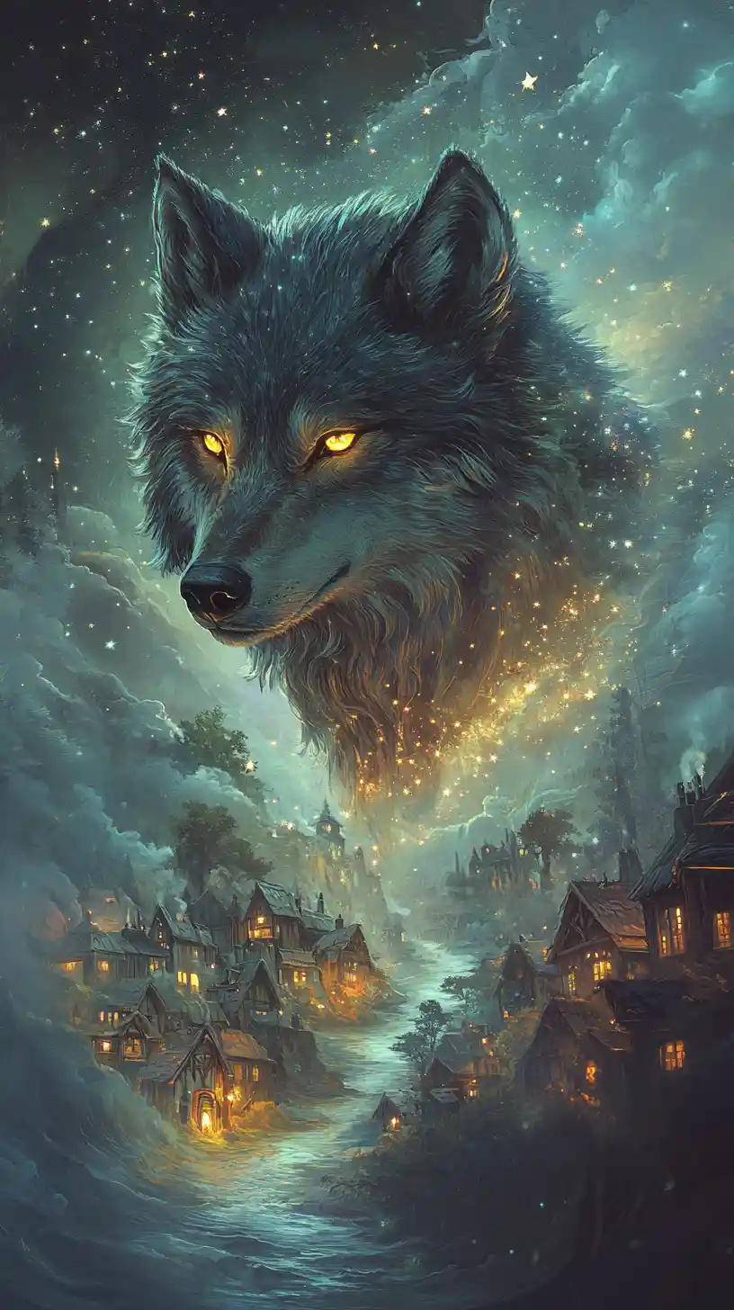 Mystical glowing wolf guiding along a tranquil coastline