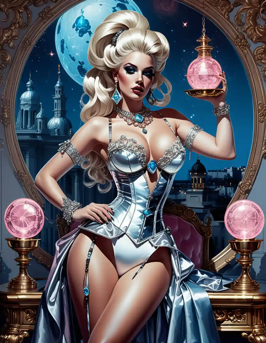 Neon-Göttin-Pin-up in opulenter barocker Fantasy-Mode
