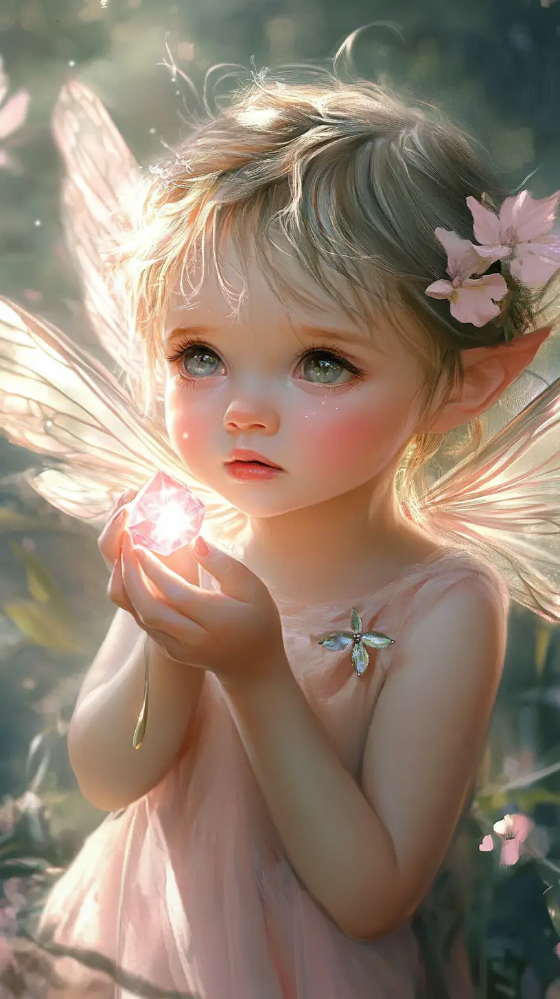 Fairy toddler holding a glowing tear gem with soft blush