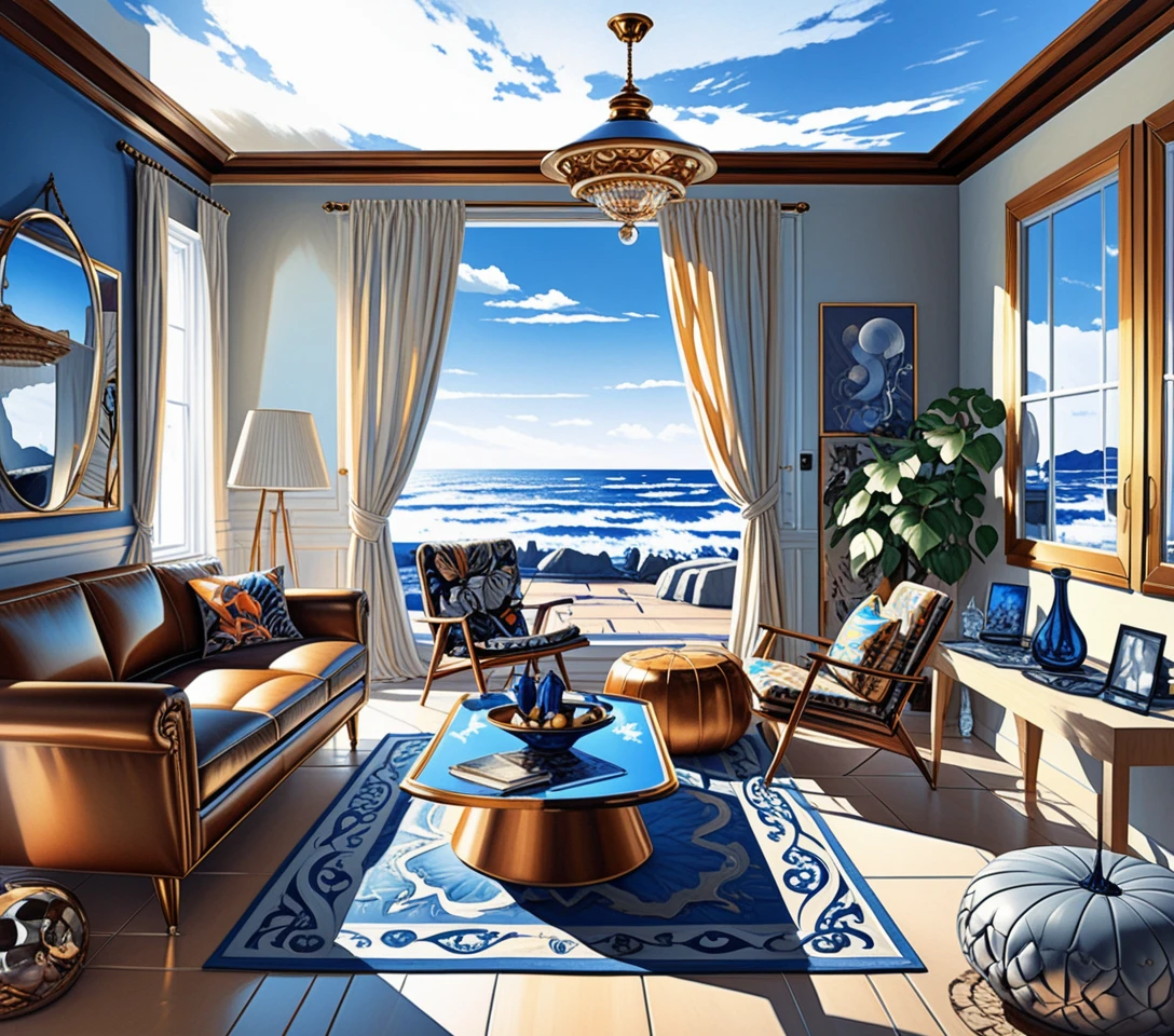Moody eclectic 3d living room interior perspective illustration