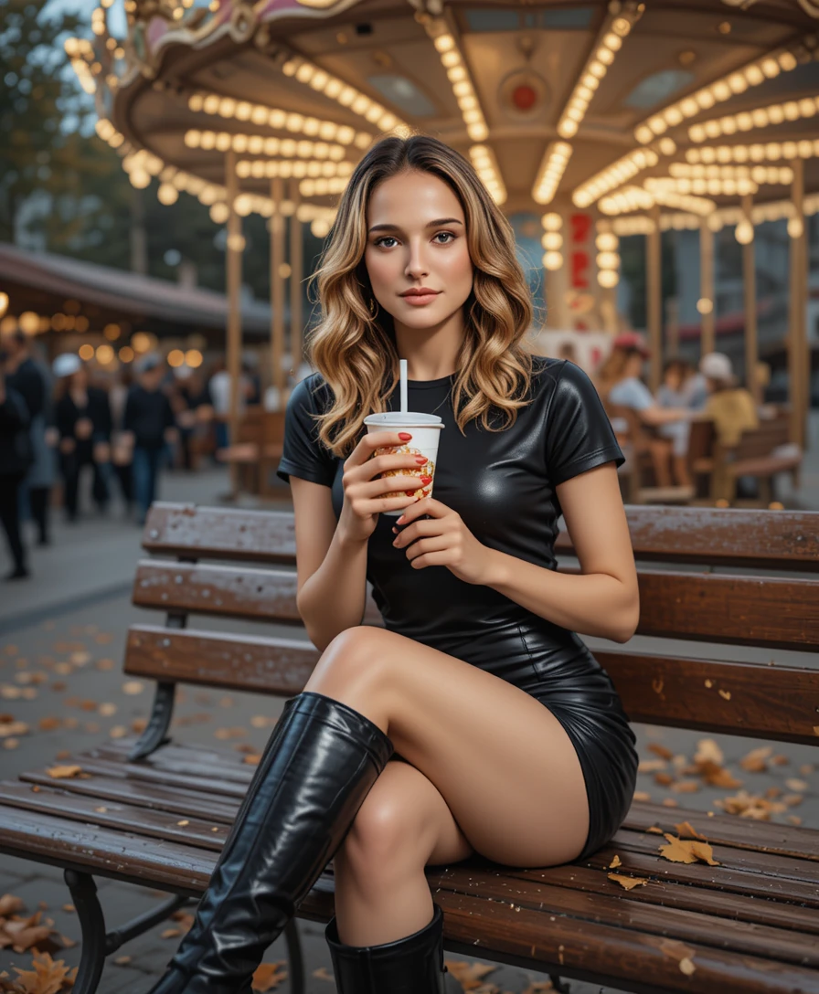 Mujer rubia elegante en un banco de parque en un mercado de otoño