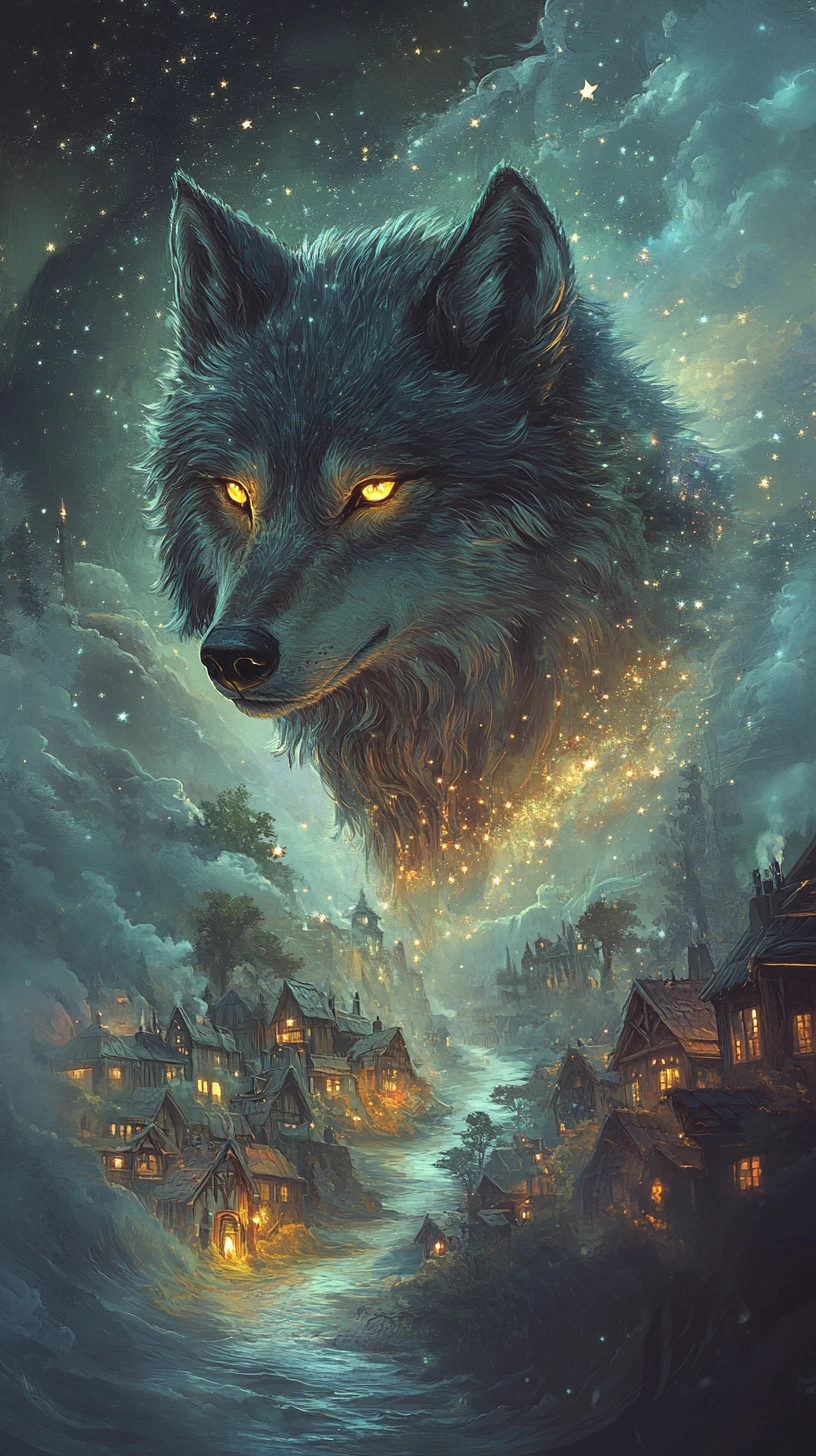 Mystical glowing wolf guiding along a tranquil coastline