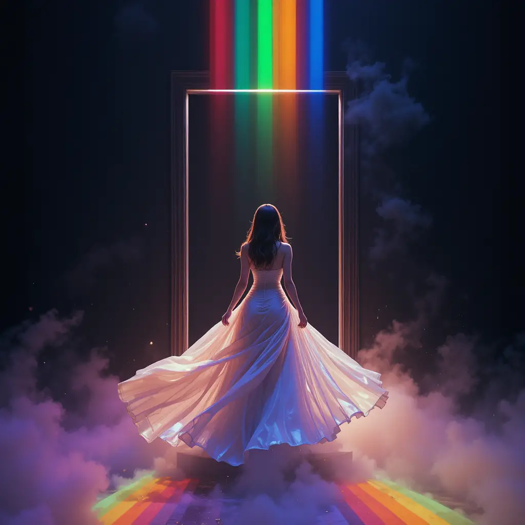 Korean woman stepping from rainbow portal into dark void