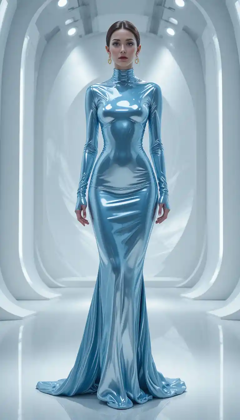 Mature model in liquid metal pastel blue futuristic dress