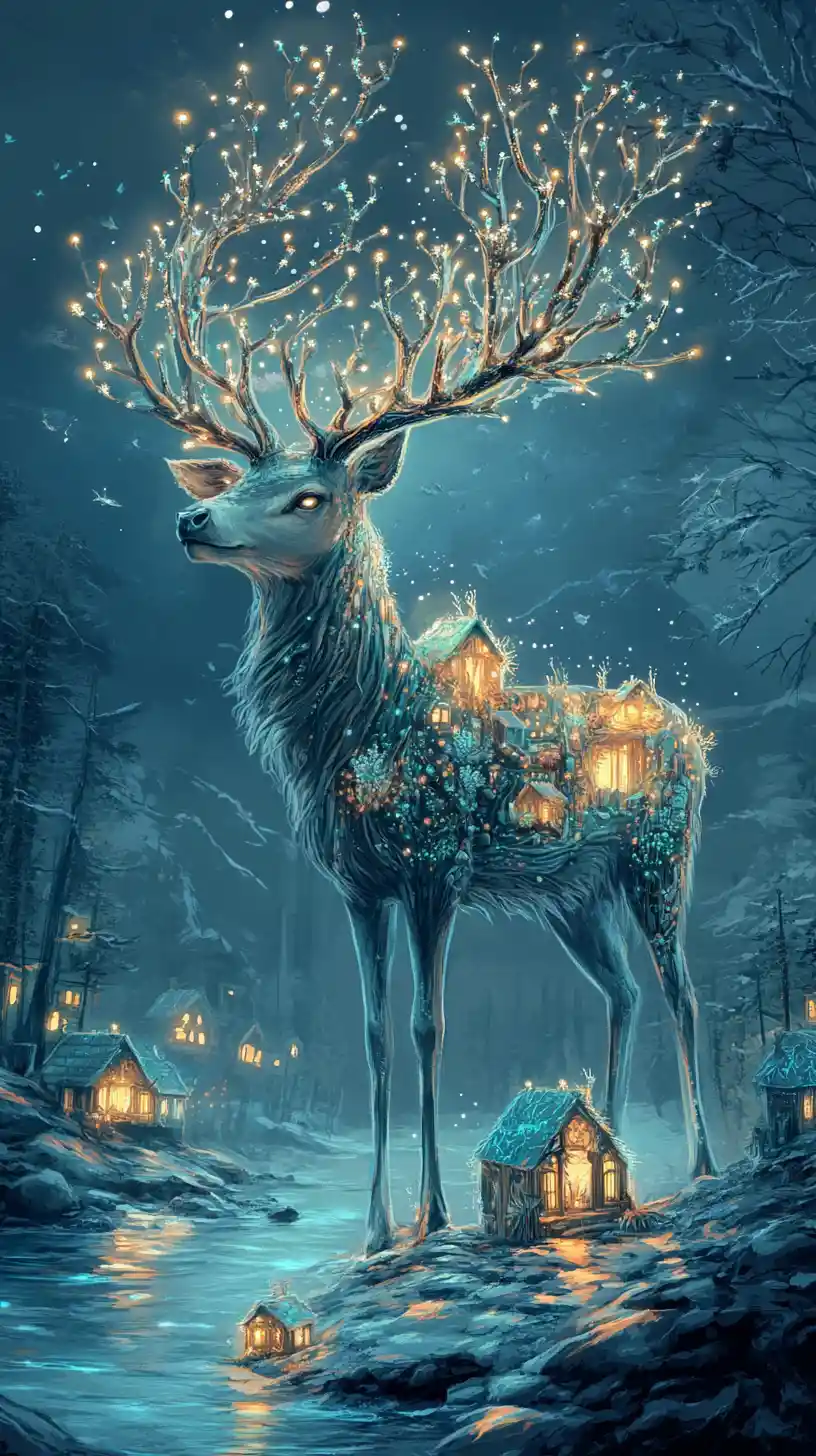 Surreal stag of coral antlers standing by the shoreline