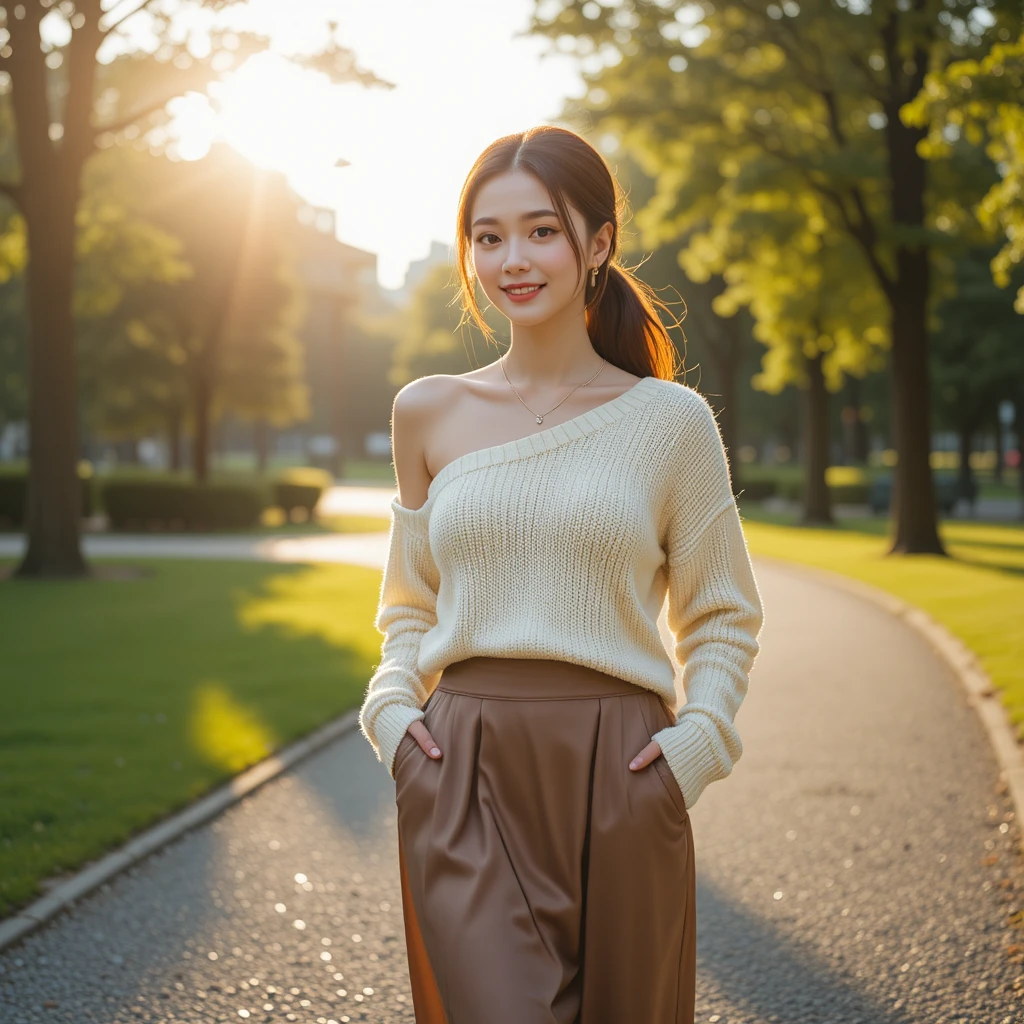 Playful young woman in knit sweater walking through park