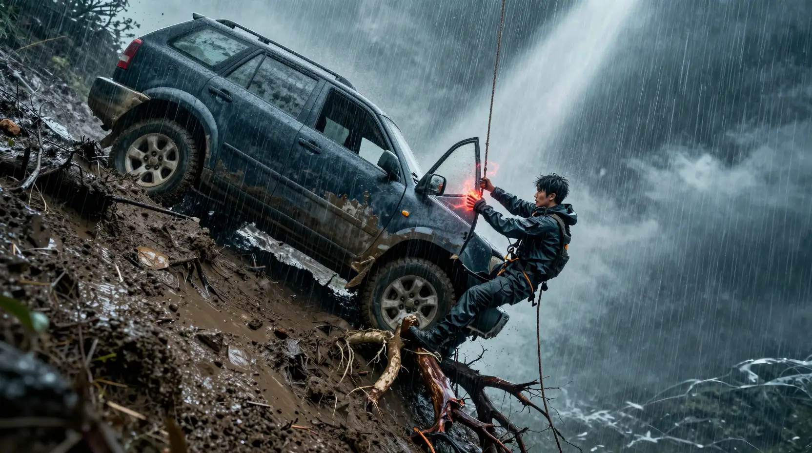 Cliffside rescue worker battling a typhoon in heavy rain