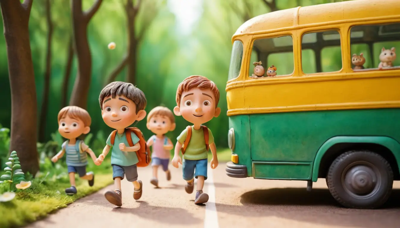 夏の田舎をバス旅行する子どもたちのかわいいイラスト