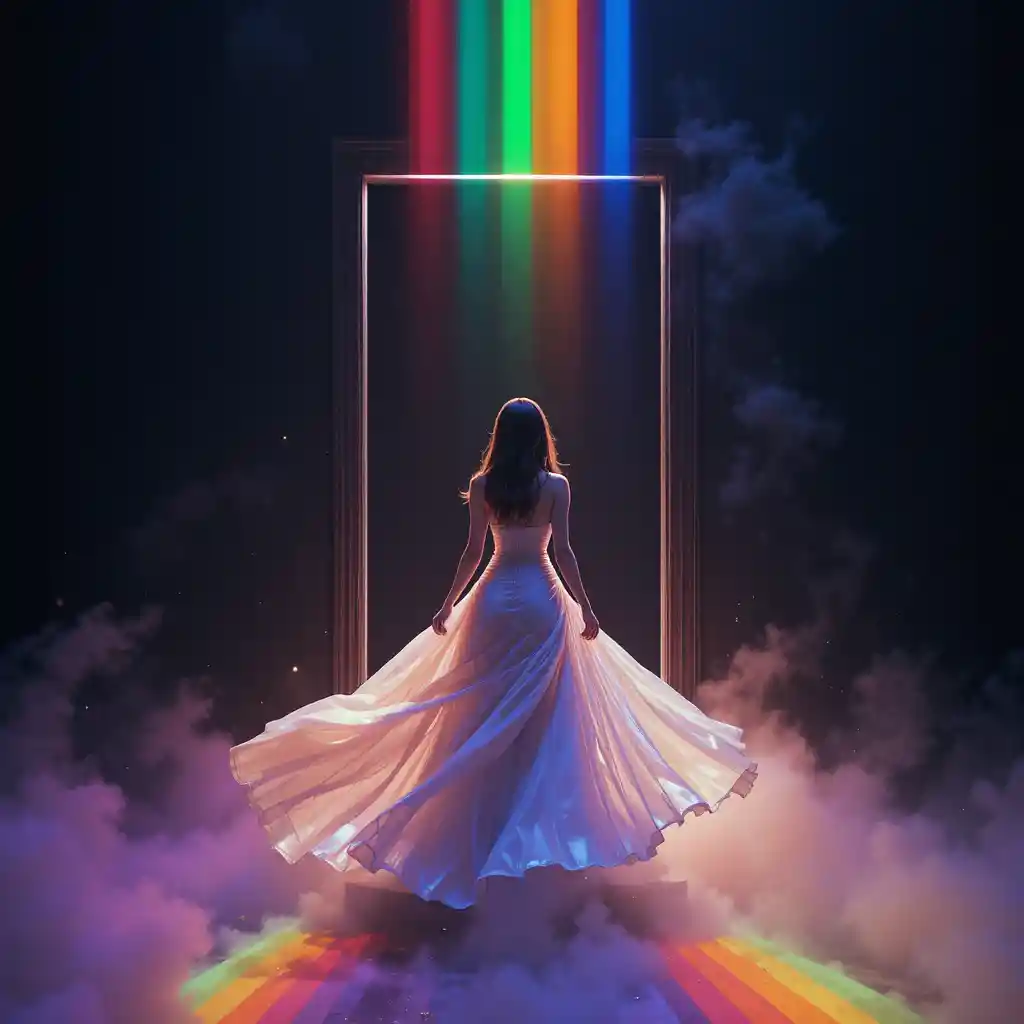 Korean woman stepping from rainbow portal into dark void