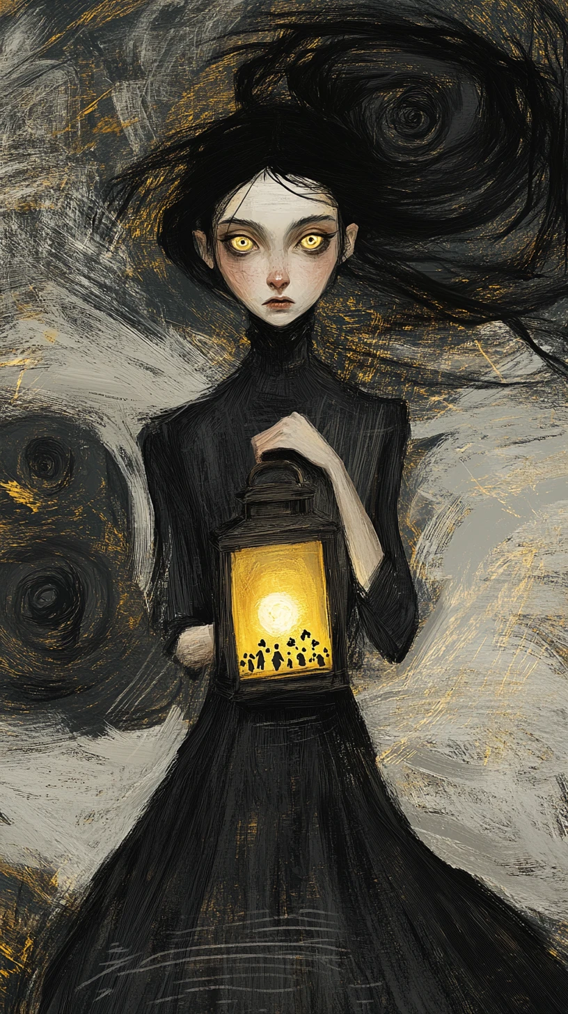 Ghostly girl with lantern in swirling gothic darkness