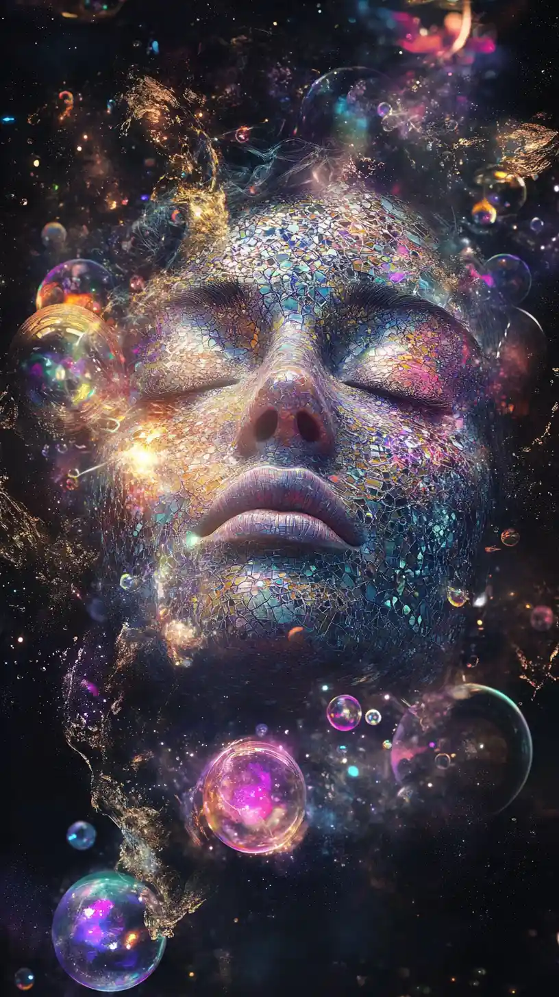 Surreales kosmisches Porträt eines gelassenen weiblichen Gesichts in der Dunkelheit