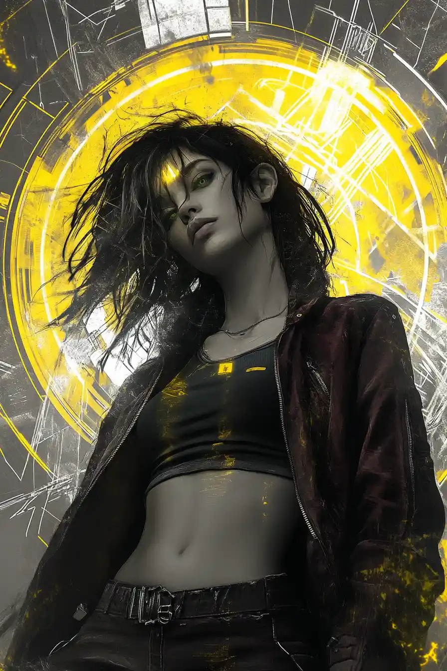 Melancholic woman in futuristic high contrast digital scene