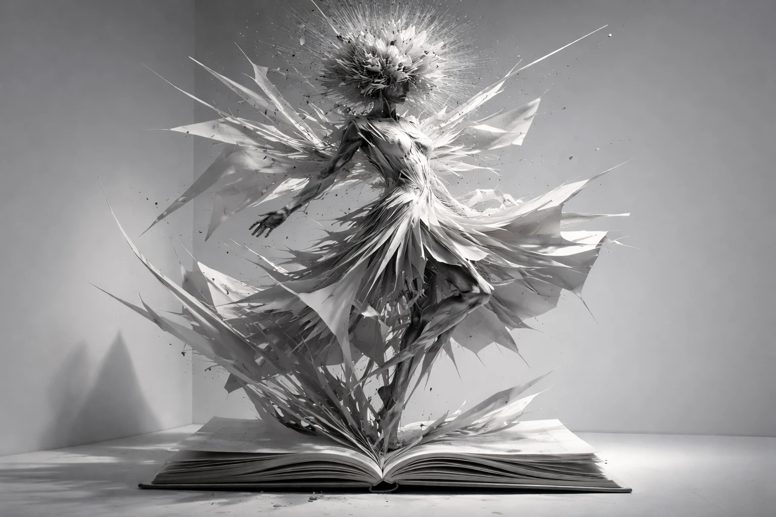 Abstract feminine sculpture dissolving into geometric fragments