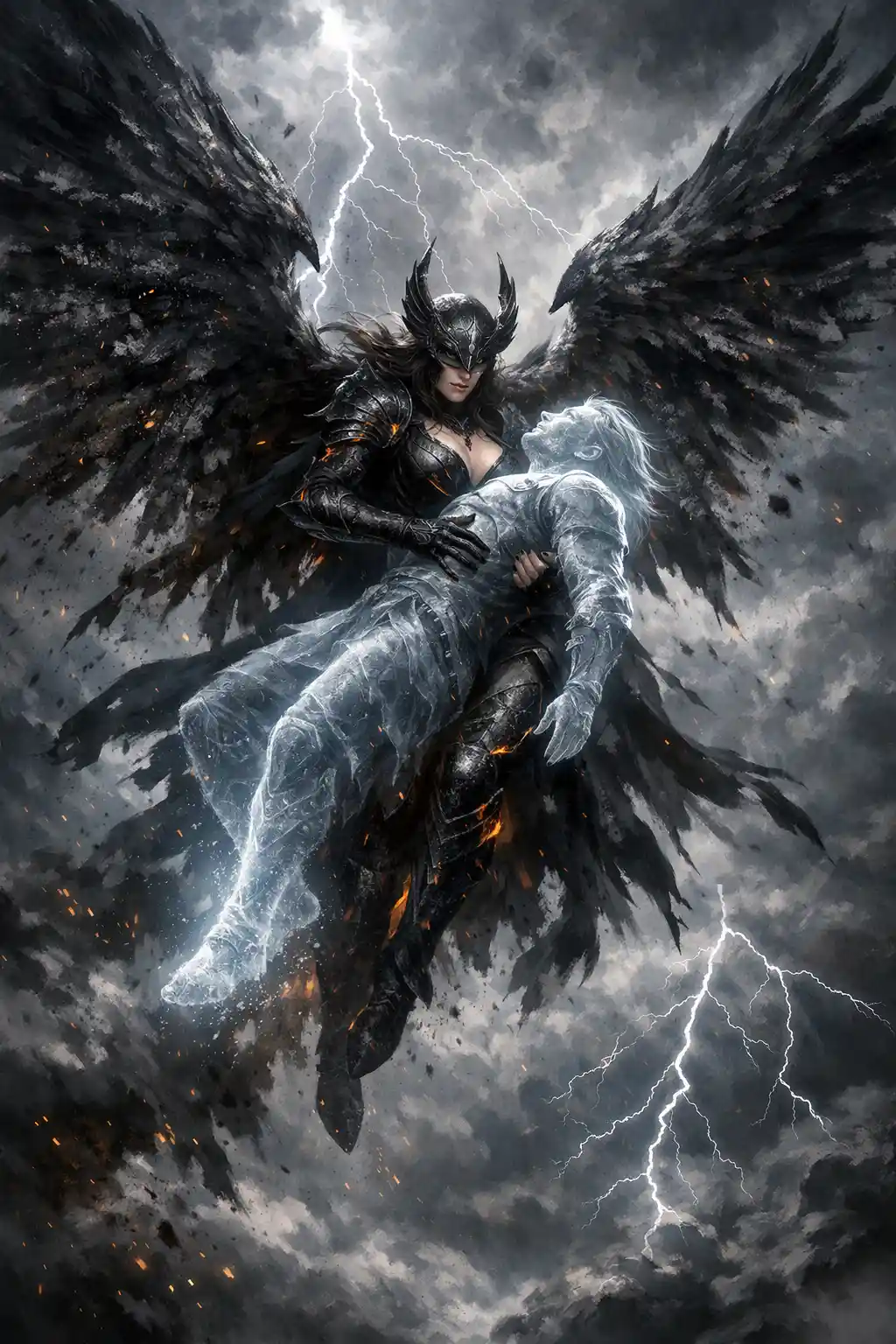 Dark valkyrie descending through storm clouds with lightning