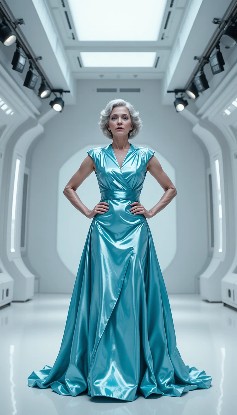 Ältere Frau im türkisfarbenen Metallic-Kleid im hellen Studio