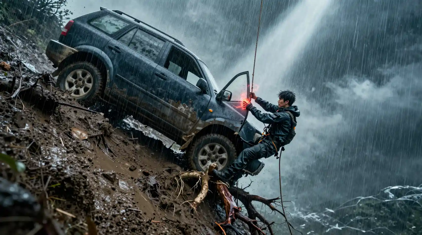 Cliffside rescue worker battling a typhoon in heavy rain