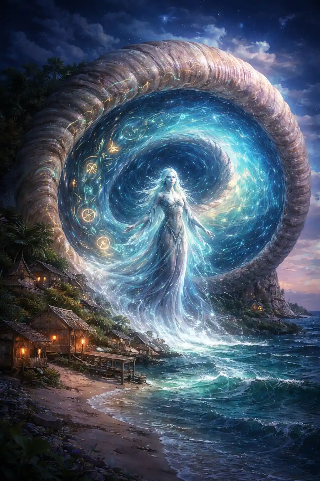 Mystical humanoid rising from giant shell in coastal village