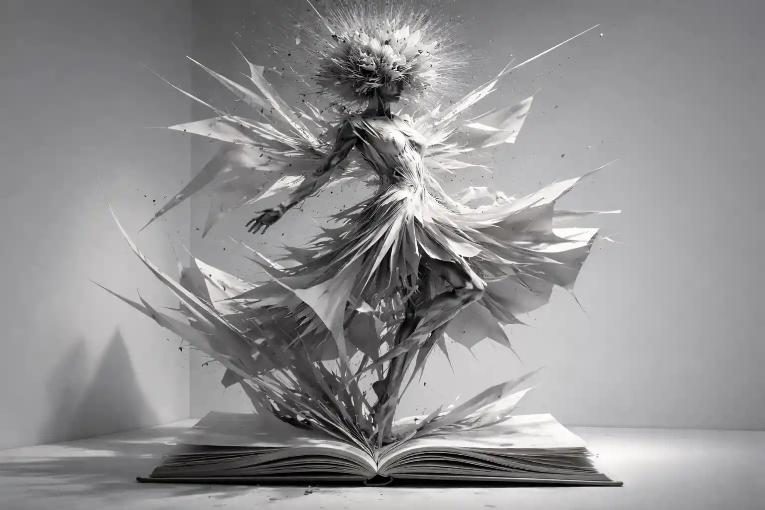 Abstract feminine sculpture dissolving into geometric fragments