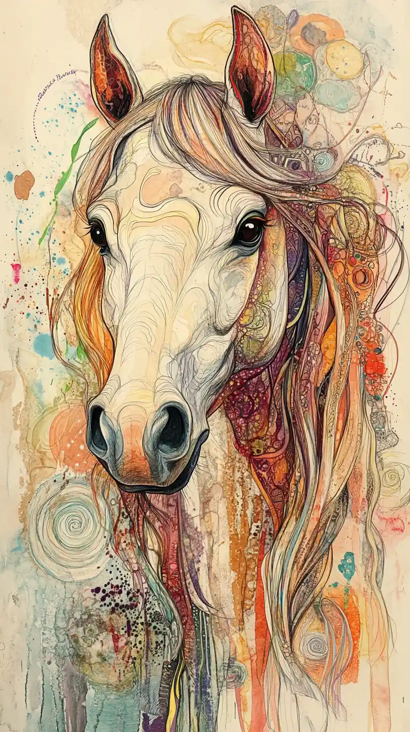 Whimsical mixed media portrait of a bohemian horse
