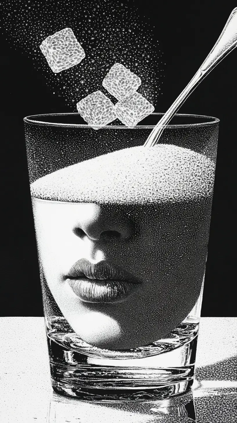 Woman gazing through a glass of sugar cubes