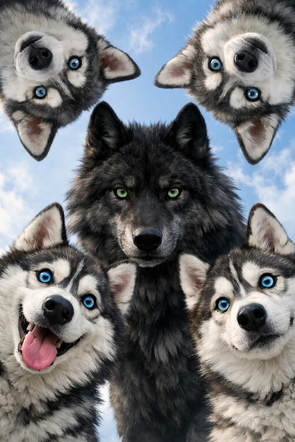 Four huskies and a wolf looking down in a semicircle