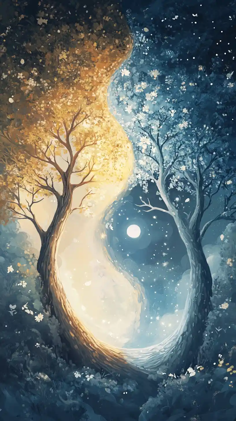 Whimsical Yin Yang Trees In A Magical Pastel Forest